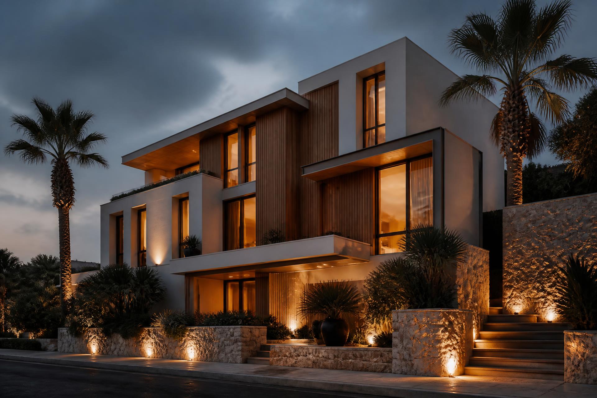 Arquitectura residencial contemporánea al atardecer